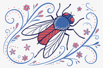 35 Detailed illustration of a fly, watercolor technique, vibrant colors, blue and red hues, delicate swirling patterns, ornate floral designs, intricate linework, whimsical style, mixed media appearan