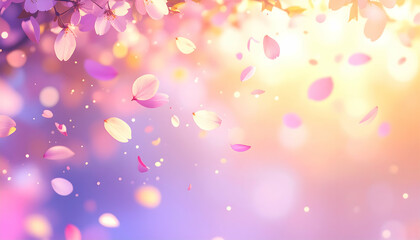 Floating Petals: Delicate cherry blossom petals dance and float in a soft, ethereal blur, with sunlight filtering through the petals, creating a dreamy, romantic atmosphere.
