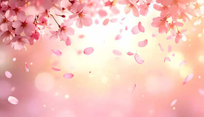 Spring Blossom Bliss: A vibrant spectacle of pink cherry blossoms and falling petals dance gracefully against a soft, dreamy backdrop, evoking feelings of renewal and beauty.