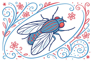 35 Detailed illustration of a fly, watercolor technique, vibrant colors, blue and red hues, delicate swirling patterns, ornate floral designs, intricate linework, whimsical style, mixed media appearan