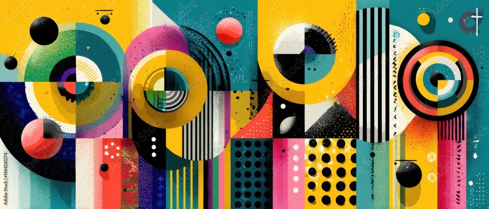 Poster vibrant geometric abstract art with circles, lines, and dots in a colorful retro style, creating a m