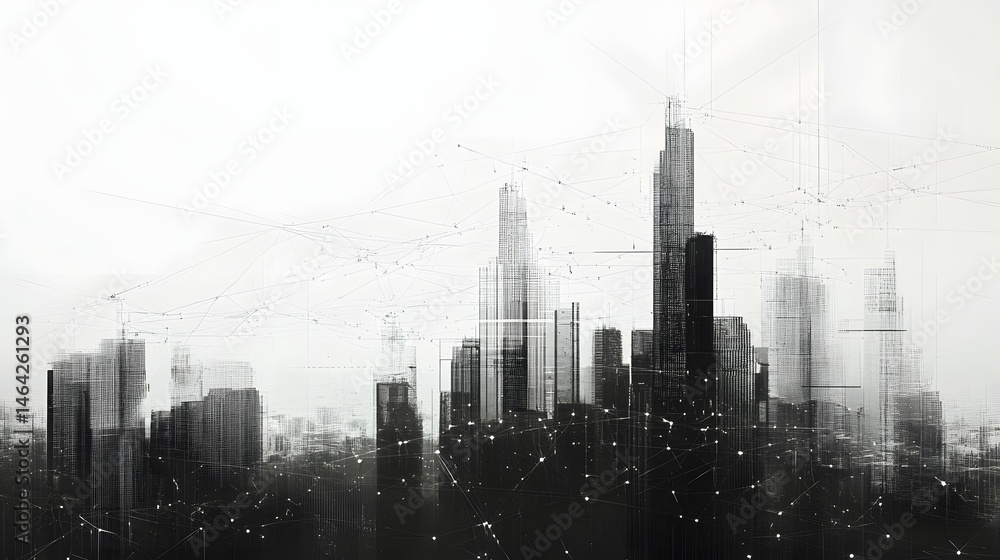 Poster a city skyline with a network of lines connecting the buildings. concept of connectivity and interde