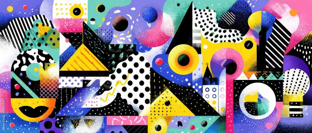 Poster vibrant abstract geometric pattern with bold colors and playful shapes, creating a dynamic and moder