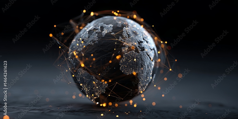 Aufkleber Futuristic Digital Globe with Network Connections, Data Points, and Cybersecurity Visualization on a Dark Background for Technology Concept