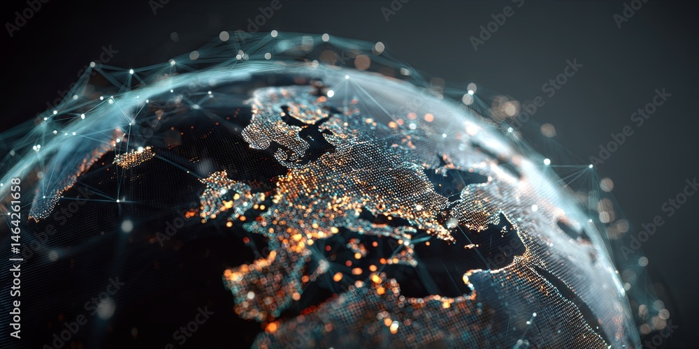 Poster Futuristic Digital Globe with Network Connections, Data Points, and Cybersecurity Visualization on a Dark Background for Technology Concept
