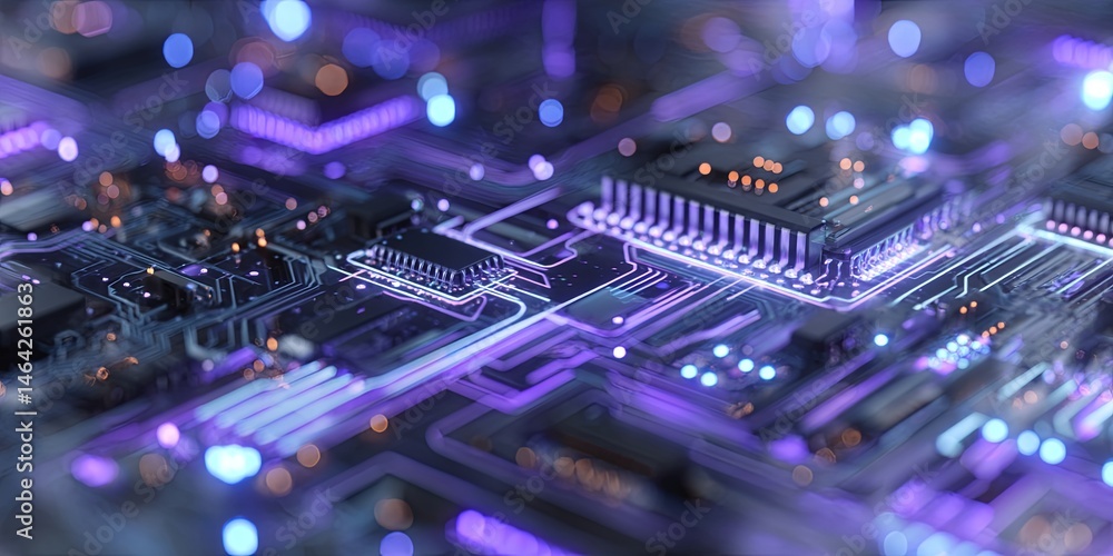 Poster Futuristic Digital Circuit Board with Glowing Lines and Patterns in Blue and Purple Light Showcasing High-Tech Computer Technology