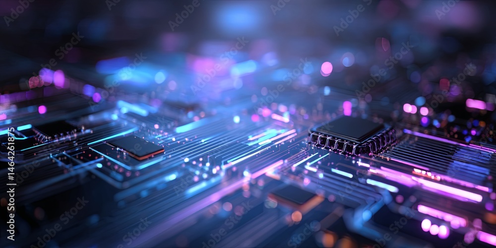 Poster Futuristic Digital Circuit Board with Glowing Lines and Patterns in Blue and Purple Light Showcasing High-Tech Computer Technology