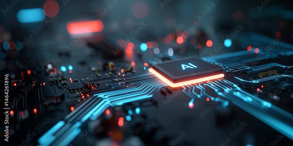 Poster Futuristic Concept of Artificial Intelligence with Digital Circuit Board Design, Neon Lights and Data Flow for Technology and Innovation Themes