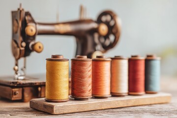 Close-up of Vintage Sewing Machine and Colorful Thread Spools Showcasing Textile Arts in a Cozy Craft Space