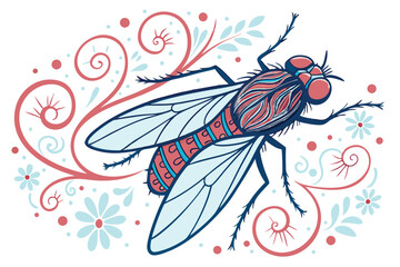 35 Detailed illustration of a fly, watercolor technique, vibrant colors, blue and red hues, delicate swirling patterns, ornate floral designs, intricate linework, whimsical style, mixed media appearan