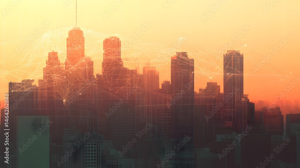 Poster a city skyline with a network of lines connecting the buildings. concept of connectivity and interde