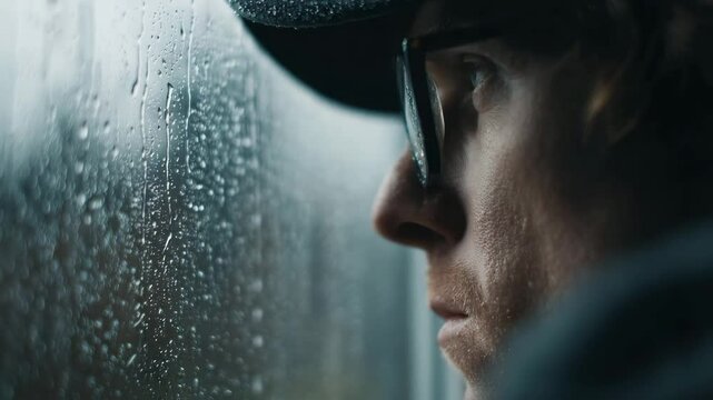 man wearing glasses looks sadly through rain covered window reflection of sadness and deep emotion in profile facing uncertain future