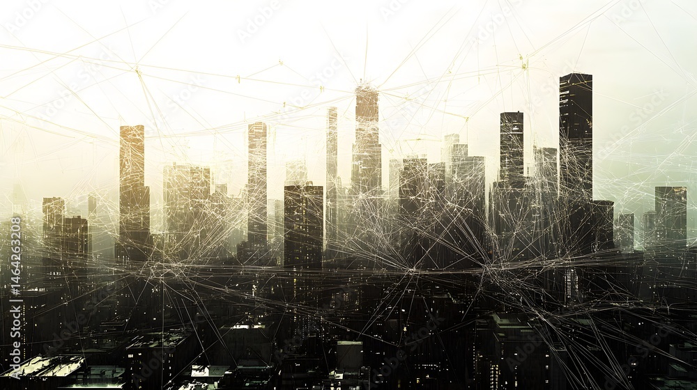 Poster a city skyline with a network of lines connecting the buildings. concept of connectivity and interde