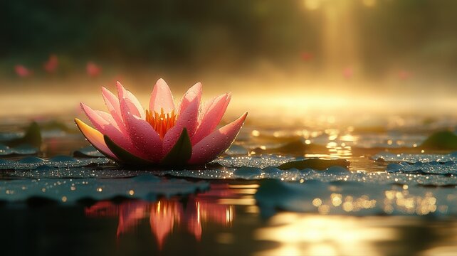 Pink Lotus Flower on Tranquil Water at Golden Sunrise water sunrise lotus flower sunset reflection