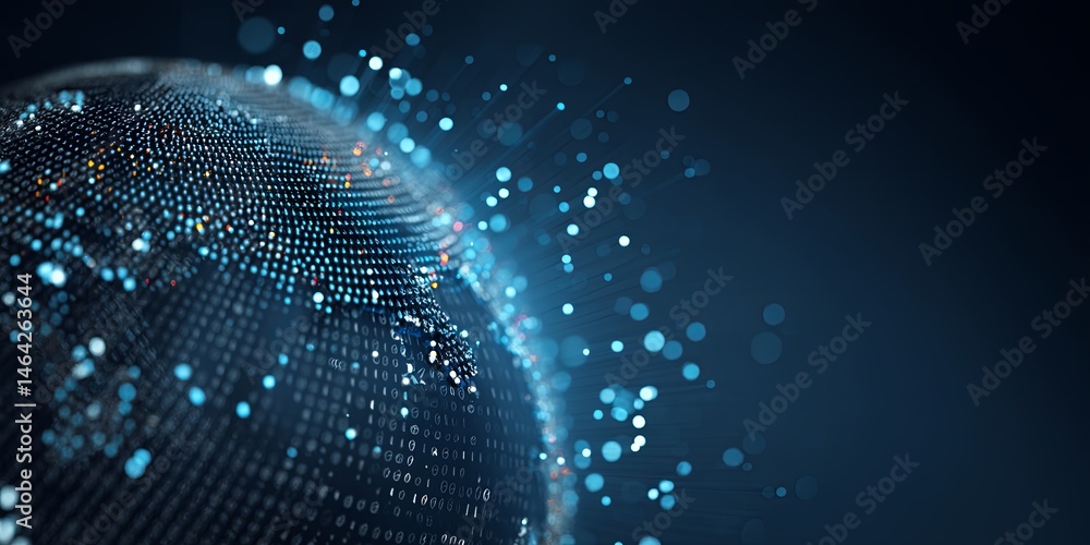 Aufkleber Futuristic Digital Globe with Binary Code and Dots Representing Global Connectivity and Data Visualization Concept in Vibrant Blue Background
