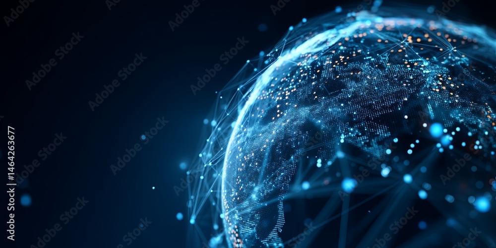 Aufkleber Futuristic Digital Globe with Binary Code and Dots Representing Global Connectivity and Data Visualization Concept in Vibrant Blue Background