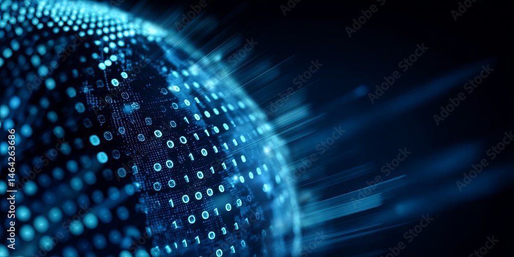 Aufkleber Futuristic Digital Globe with Binary Code and Dots Representing Global Connectivity and Data Visualization Concept in Vibrant Blue Background