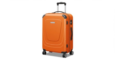 A single orange suitcase with a retractable handle isolated on a white background in a studio shot