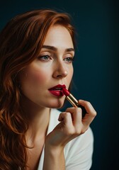 Woman with Red Hair Applying Red Lipstick A Stunning Portrait