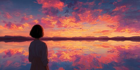 Obraz premium Sunset reflection over tranquil lake, featuring a figure.