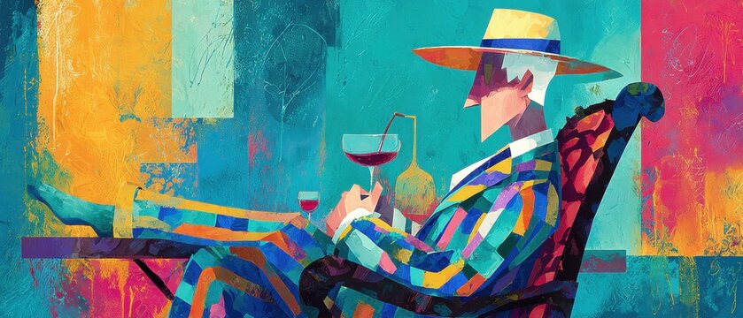 Stylish senior man relaxing with red wine in colorful abstract painting, enjoying leisure time in vibrant artistic expression