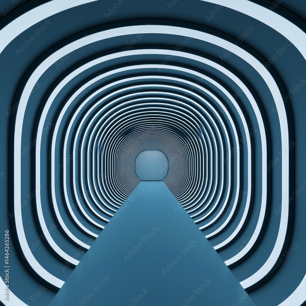 Poster hypnotic tunnel with concentric lines in blue tones. reflection and mirroring optical illusion conce