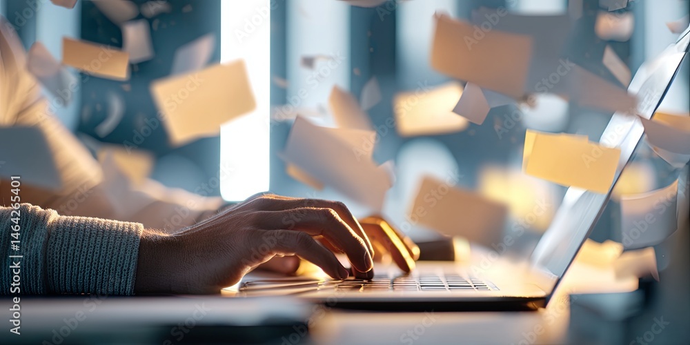 Poster person typing on laptop with floating documents in bright modern workspace, concept of remote work, 