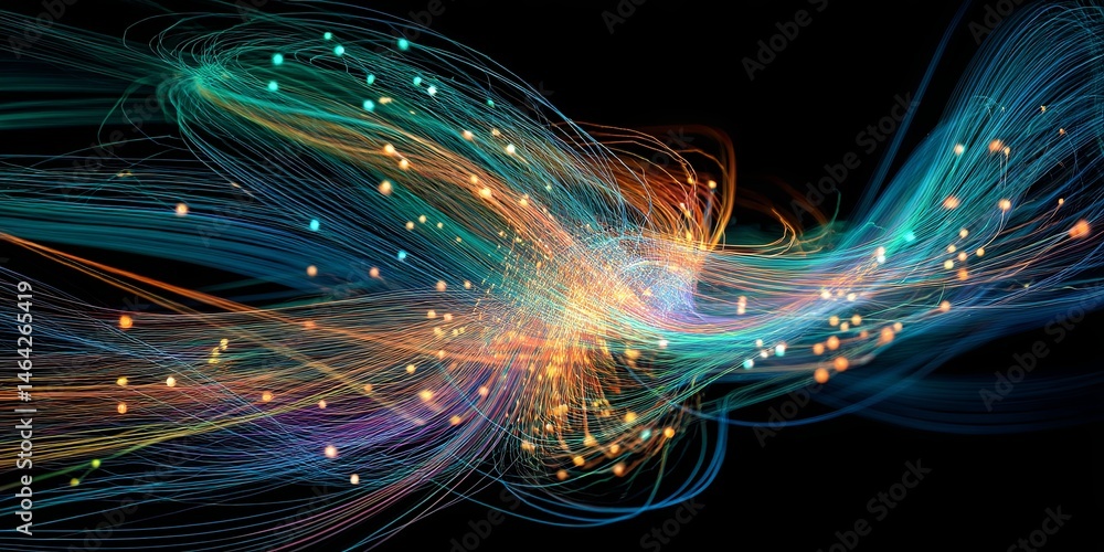 Poster abstract colorful light trails flowing towards a bright central point, representing energy, motion, 