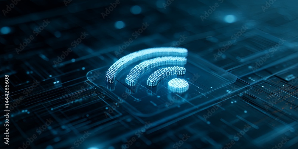 Fototapete Digital Wi-Fi Signal Icon Made of Binary Code in a Blue Background with Geometric Shapes and Modern Design Elements for Technology Visuals