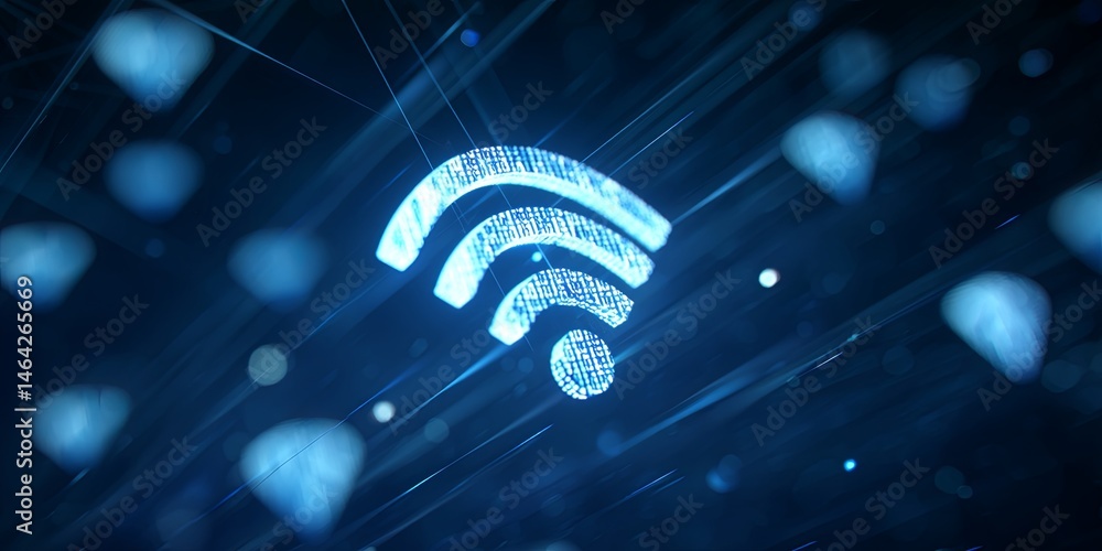 Fototapete Digital Wi-Fi Signal Icon Made of Binary Code in a Blue Background with Geometric Shapes and Modern Design Elements for Technology Visuals