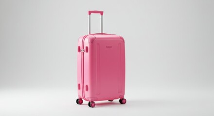 A pink suitcase with a silver handle standing upright in a white studio setting on a white surface