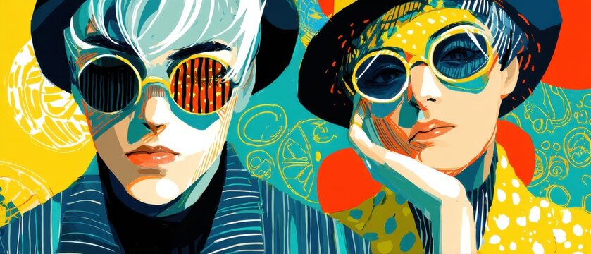 Stylish illustration of two young adult women wearing sunglasses and hats with colorful abstract background Concept of fashion, art, and retro style