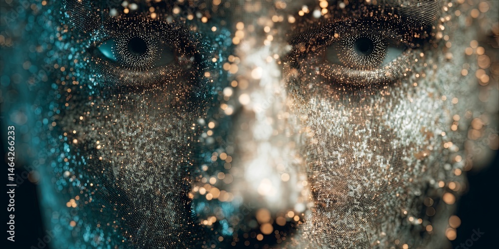 Poster abstract representation of human face composed of particles and digital elements against a futuristi