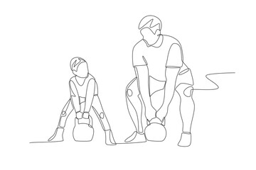 Father and son lifting kettlebells. Dad and kid excercise concept one-line drawing