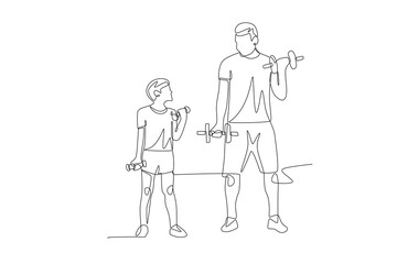 Father and son lifting dumbbells. Dad and kid excercise concept one-line drawing