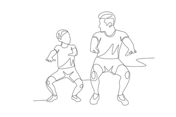 Father and son are squatting. Dad and kid excercise concept one-line drawing