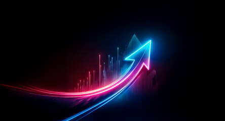 A vibrant, upward-trending arrow glows with pink and blue neon light against a dark background, symbolizing growth and progress.  The arrow is dynamic and suggests rapid ascent.