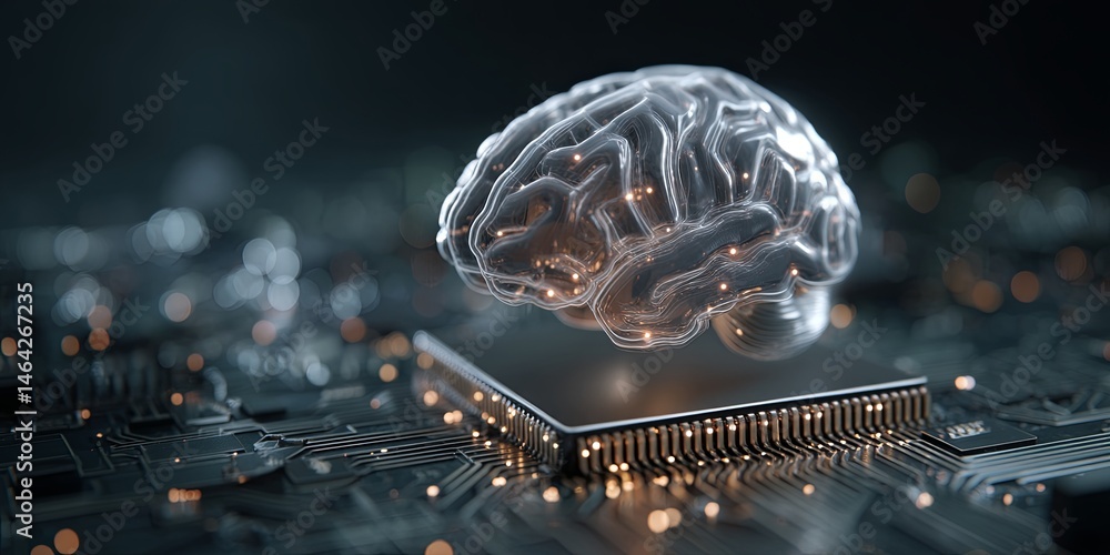 Poster Futuristic Brain Illustration with Circuit Board Design Representing Integration of Technology and Artificial Intelligence in Modern Society