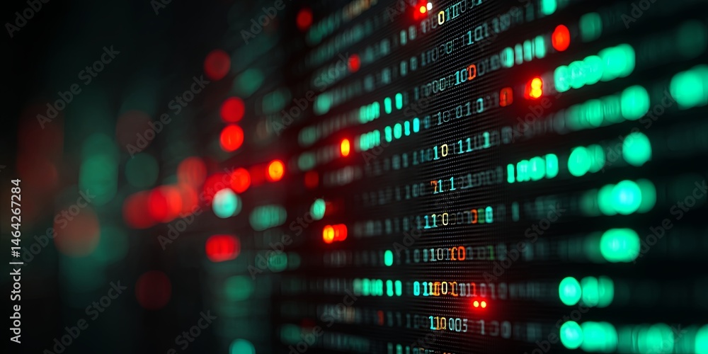 Poster Monitor Displaying Multiple Code Lines and Data Analytics in a Dark Room with Red and Green Lights, Ideal for Tech and Cybersecurity Themes