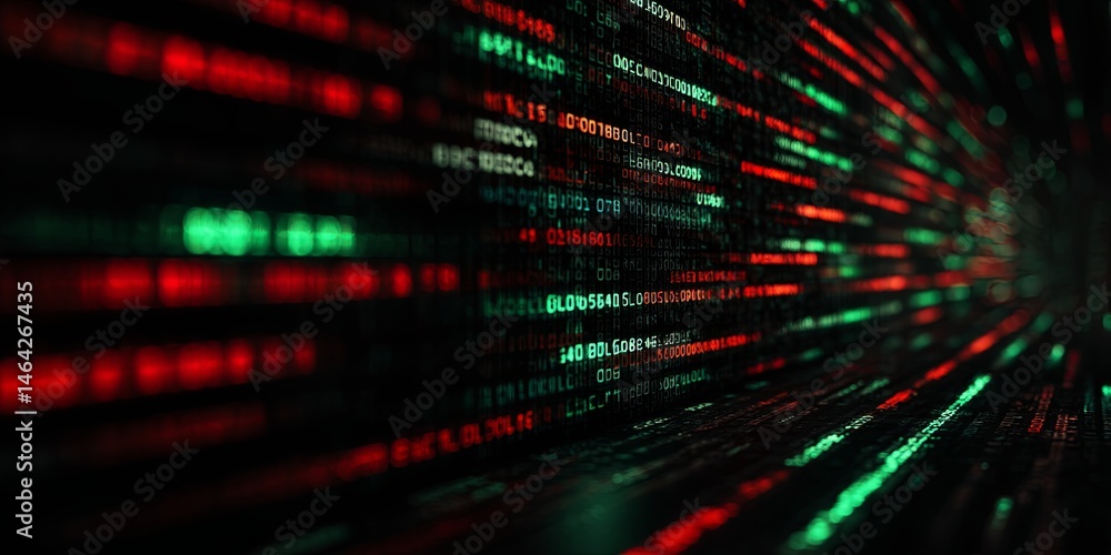 Poster Monitor Displaying Multiple Code Lines and Data Analytics in a Dark Room with Red and Green Lights, Ideal for Tech and Cybersecurity Themes