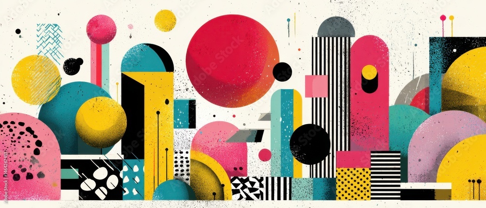 Poster vibrant abstract geometric art with colorful shapes and patterns, retro style design with circles, l
