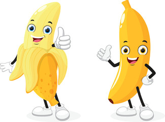 Cute banana fruit cartoon mascot characters, isolated on white backgrounds
