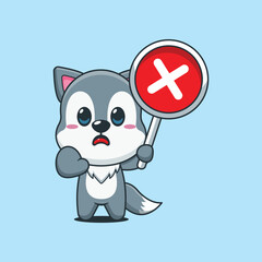 Cute wolf cartoon vector illustration with wrong sign