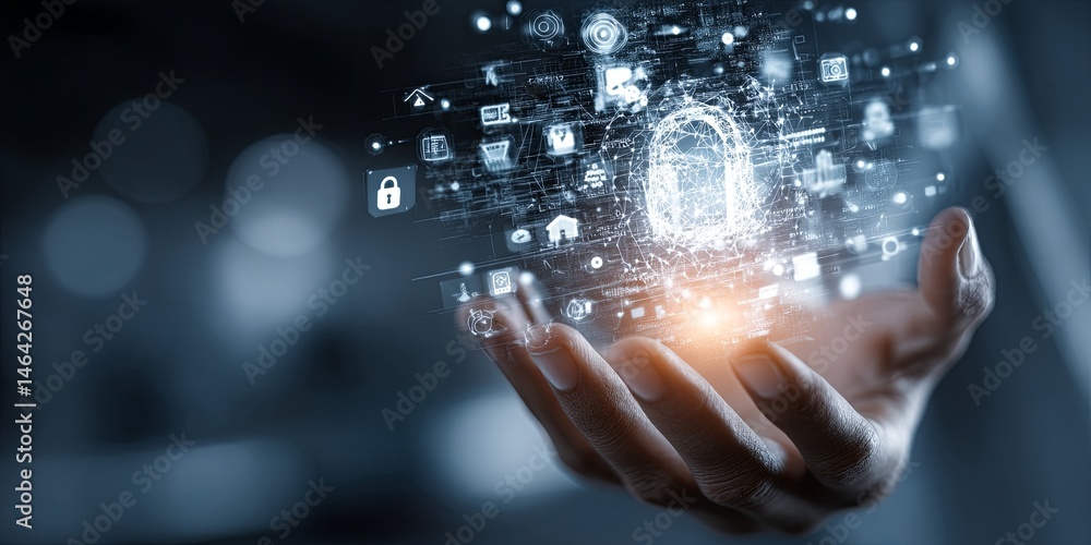 Aufkleber hand holding information symbol surrounded by digital icons representing data, security, finance, te
