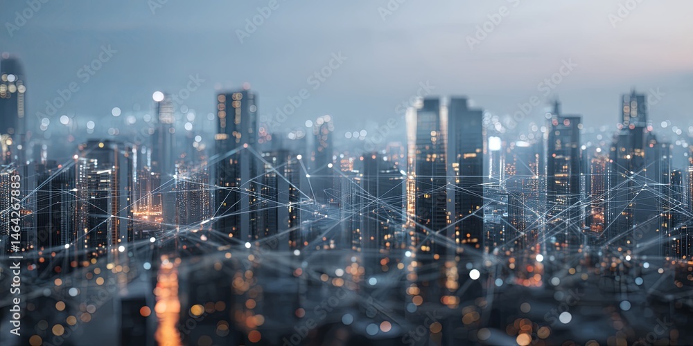 Poster futuristic cityscape at dusk with digital connections and network overlays showcasing modern archite