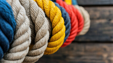Colorful ropes arranged in decorative manner, showcasing various textures and hues