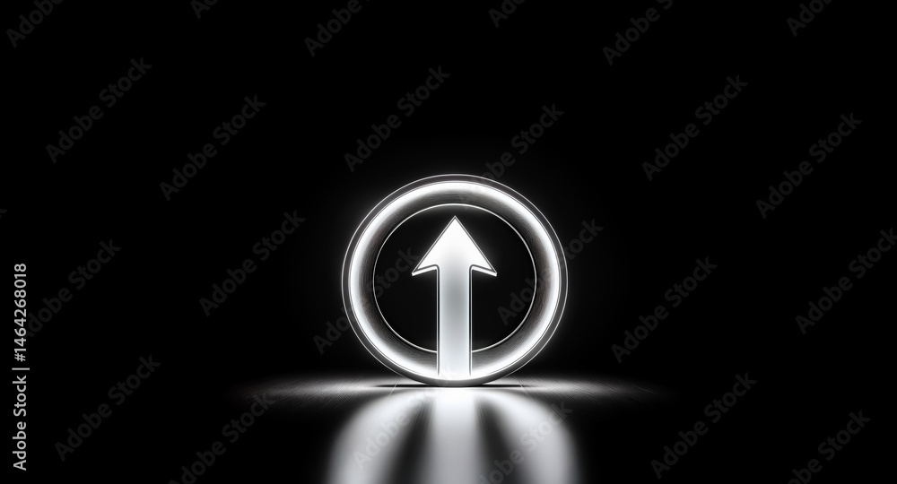 Poster a glowing white arrow, pointing upward, is centered within a luminous circle against a stark black b
