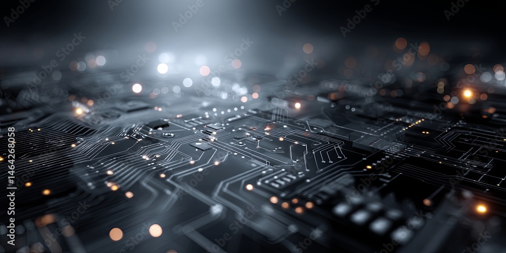 Aufkleber Abstract Technology Background with Digital Connections, Circuit Patterns, Lights, and Soft Gray Gradient for Modern Design Projects