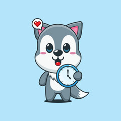 Cute wolf cartoon vector illustration with clock