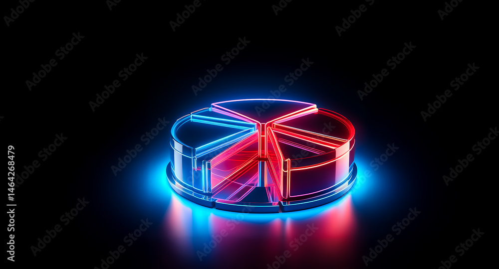 Poster a vibrant, neon pie chart glows in the dark, showcasing segmented data with red and blue sections. i